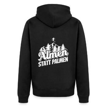 Almen statt Palmen Ski, Apres Ski, Wintersport - Unisex Premium Bio Zip Hoodie - Schwarz - Hinten - Nico (187cm)