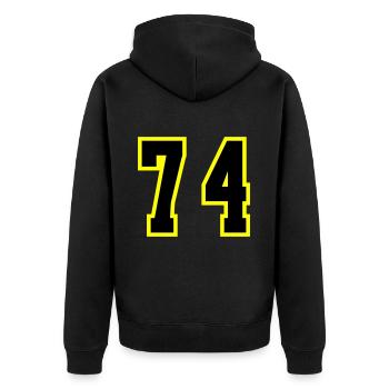 74 Zahl Trikot - Unisex Premium Bio Zip Hoodie - Schwarz - Hinten - Nico (187cm)