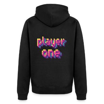 player one gamer 80s 90s style retro shirt - Unisex Premium Organic Zip Hoodie - black - Back - Nico (187cm)