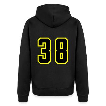 38 Zahl Trikot - Unisex Premium Bio Zip Hoodie - Schwarz - Hinten - Nico (187cm)