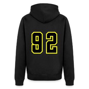92 Zahl Trikot - Unisex Premium Bio Zip Hoodie - Schwarz - Hinten - Nico (187cm)