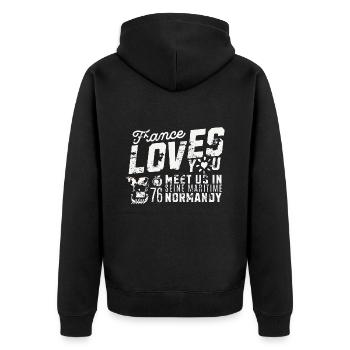 Frankreich liebt Sie, treffen Sie uns in der Normandie - Unisex Premium Bio Zip Hoodie - Schwarz - Hinten - Nico (187cm)
