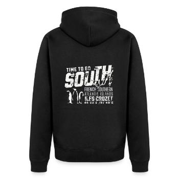 Crozet-Inseln Zeit, in den Süden zu fahren - Unisex Premium Bio Zip Hoodie - Schwarz - Hinten - Nico (187cm)