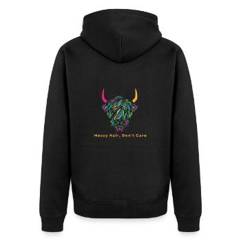 Highland Cow Messy Hair Don't Care Cow Farm - Unisex Premium Bio Zip Hoodie - Schwarz - Hinten - Nico (187cm)