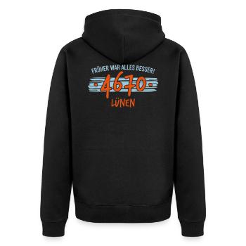 Früher 4670 Lünen - Unisex Premium Bio Zip Hoodie - Schwarz - Hinten - Nico (187cm)