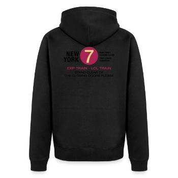 New York City U-Bahn Subway 7 Manhattan Queens NYC - Unisex Premium Bio Zip Hoodie - Schwarz - Hinten - Nico (187cm)