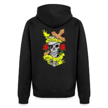 Totenkopf Rosen Kreuz Rock n Roll Rockabilly Kunst - Unisex Premium Bio Zip Hoodie - Schwarz - Hinten - Nico (187cm)