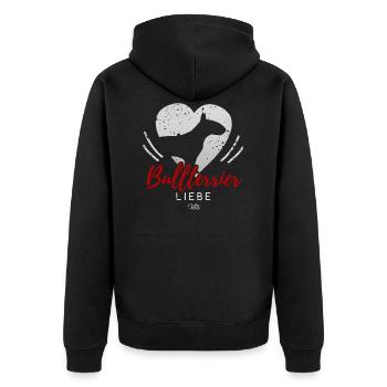 Bullterrier Liebe mit Herz - Unisex Premium Bio Zip Hoodie - Schwarz - Hinten - Nico (187cm)