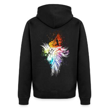 Rabe Regenbogen-Kleckse weiß - Unisex Premium Bio Zip Hoodie - Schwarz - Hinten - Nico (187cm)