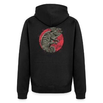 Chameleon in graubraun - Unisex Premium Bio Zip Hoodie - Schwarz - Hinten - Nico (187cm)