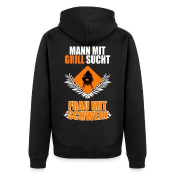 Mann mit Grill sucht .... Frau mit Schwein - Unisex Premium Bio Zip Hoodie - Schwarz - Hinten - Nico (187cm)