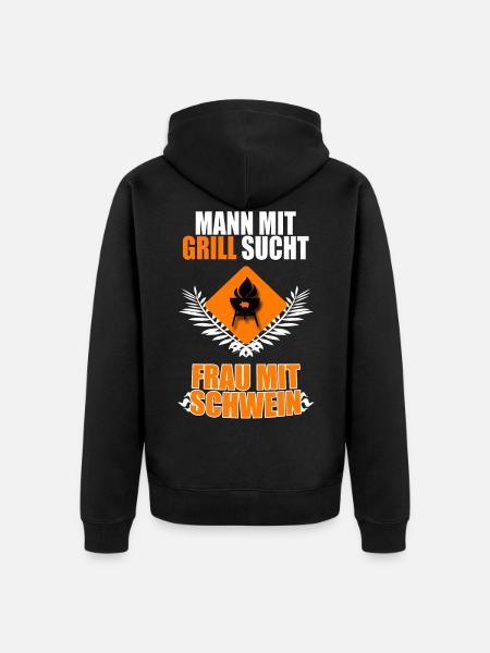 Mann mit Grill sucht .... Frau mit Schwein - Unisex Premium Bio Zip Hoodie - Schwarz
