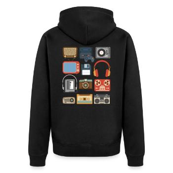 Vintage 90er Jahre Gadgets Party Outfit Geschenk - Unisex Premium Bio Zip Hoodie - Schwarz - Hinten - Nico (187cm)
