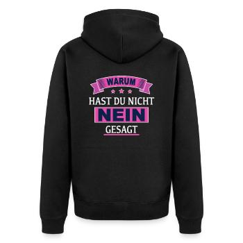Warum Hast Du Nicht Nein Gesagt - Unisex Premium Bio Zip Hoodie - Schwarz - Hinten - Nico (187cm)