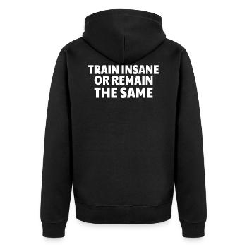POWERLIFTING: Train Insane or remain the same - Unisex Premium Bio Zip Hoodie - Schwarz - Hinten - Nico (187cm)
