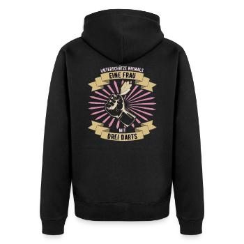 DARTS FRAU - Unterschätze niemals - Unisex Premium Bio Zip Hoodie - Schwarz - Hinten - Nico (187cm)