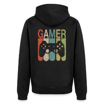 Gamer - nerd - gaming -nerdy - Geschenk Gaming - Unisex Premium Bio Zip Hoodie - Schwarz - Hinten - Nico (187cm)