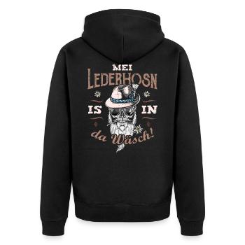 Mei Lederhosn is in da Wäsch Ersatz Tracht Bayern - Unisex Premium Bio Zip Hoodie - Schwarz - Hinten - Nico (187cm)