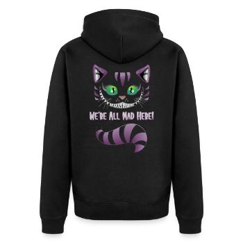 We´re all mad here - Katze Kater Geschenkidee - Unisex Premium Bio Zip Hoodie - Schwarz - Hinten - Nico (187cm)