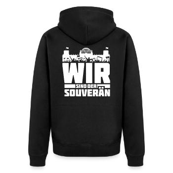 Wir sind der Souverän - Unisex Premium Bio Zip Hoodie - Schwarz - Hinten - Nico (187cm)