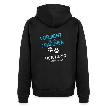 Vorsicht Frauchen, Hund ist Harmlos - Unisex Premium Bio Zip Hoodie - Schwarz - Hinten - Nico (187cm)