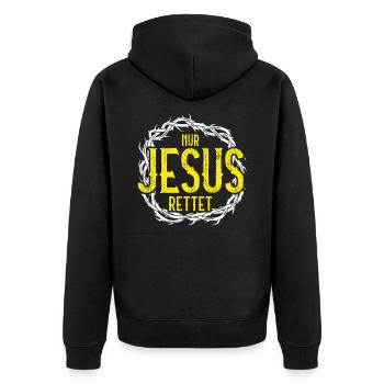 jesus rettet - Unisex Premium Bio Zip Hoodie - Schwarz - Hinten - Nico (187cm)