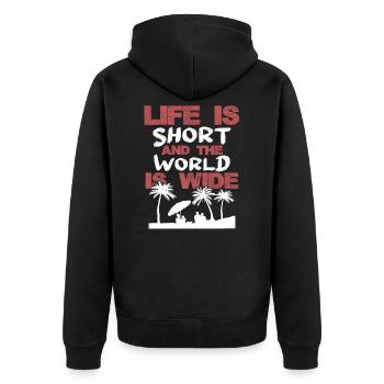 leben ist kurz weltreise - Unisex Premium Bio Zip Hoodie - Schwarz - Hinten - Nico (187cm)