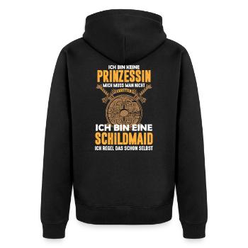 Ich bin keine Prinzessin sondern eine Schildmaid - Unisex Premium Bio Zip Hoodie - Schwarz - Hinten - Nico (187cm)