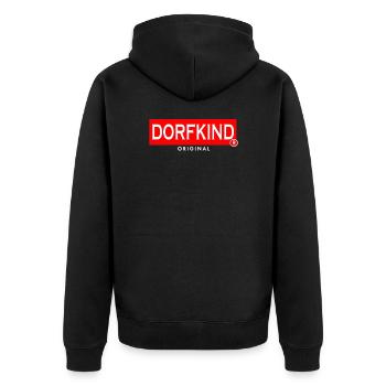 DORFKIND Original - Wir vom Dorf und stolz darauf - Unisex Premium Bio Zip Hoodie - Schwarz - Hinten - Nico (187cm)
