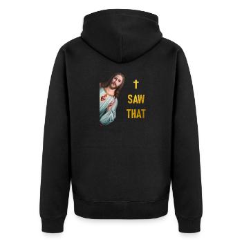 Ich Sehe Das - Karma & Jesus Spruch - I SAW THAT - Unisex Premium Bio Zip Hoodie - Schwarz - Hinten - Nico (187cm)