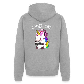 Gamer Girl Licorne aux cheveux colorés - Veste à capuche bio Premium Unisexe - gris chiné - Dos - Nico (187cm)