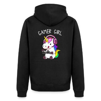 Gamer Girl Einhorn mit bunten Haaren - Unisex Premium Bio Zip Hoodie - Schwarz - Hinten - Nico (187cm)