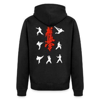 Kyokushin Technik T-Shirt für den Kyokushinkai Fan - Unisex Premium Bio Zip Hoodie - Schwarz - Hinten - Nico (187cm)