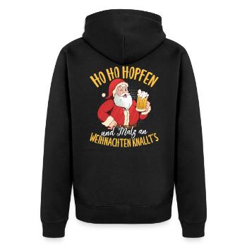 Ho Ho Hopfen und Malz an Weihnachten knallt's - Unisex Premium Bio Zip Hoodie - Schwarz - Hinten - Nico (187cm)