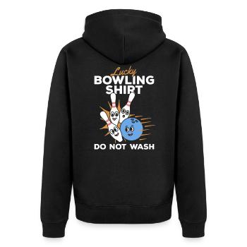 Lucky Bowling Shirt Do not wash - Bowling Bowler - Unisex Premium Bio Zip Hoodie - Schwarz - Hinten - Nico (187cm)