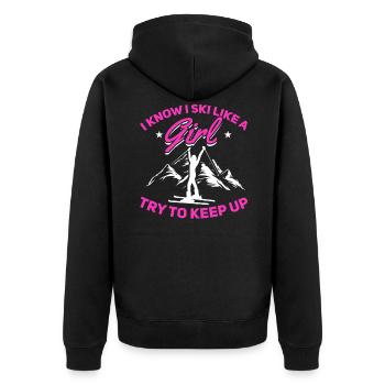 Skifahrer I know i ski like a Girl try to keep up - Unisex Premium Bio Zip Hoodie - Schwarz - Hinten - Nico (187cm)