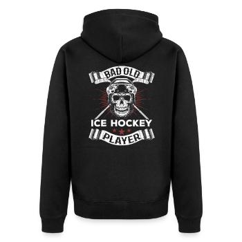 Bad Old Ice Hockey Player Eishockey Spieler - Unisex Premium Bio Zip Hoodie - Schwarz - Hinten - Nico (187cm)