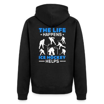 Das Leben passiert Eishockey hilft mir Eishockey - Unisex Premium Bio Zip Hoodie - Schwarz - Hinten - Nico (187cm)
