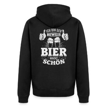 Bier Spruch Ich bin der Beweis Bier macht schön I - Unisex Premium Bio Zip Hoodie - Schwarz - Hinten - Nico (187cm)