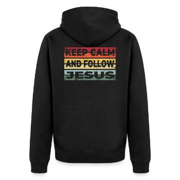 Bleib ruhig und folge Jesus Christus - Christlich - Unisex Premium Bio Zip Hoodie - Schwarz - Hinten - Nico (187cm)