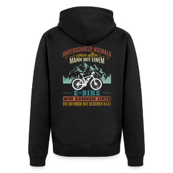 E-Bike Fahrrad Radfahrer eBike Mountainbike - Unisex Premium Bio Zip Hoodie - Schwarz - Hinten - Nico (187cm)