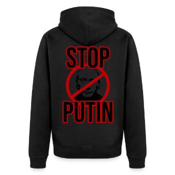 Stopp Putin - Unisex Premium Bio Zip Hoodie - Schwarz - Hinten - Nico (187cm)