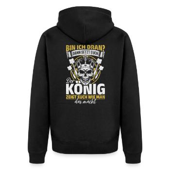 Dart Spieler Dart Sprüche Darts König Dart - Unisex Premium Bio Zip Hoodie - Schwarz - Hinten - Nico (187cm)