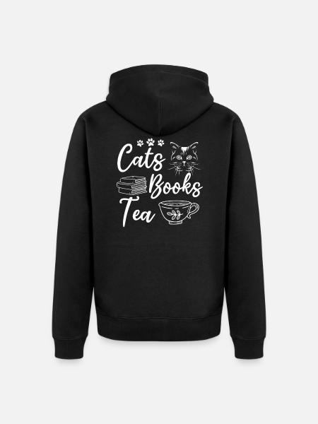 Cats Books Tea Book Read Cat Owners - Unisex Premium Organic Zip Hoodie - black