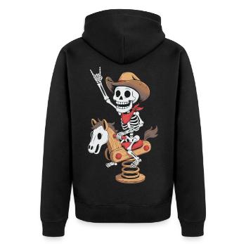 Skeleton cowboy on playground horse in retro style - Unisex Premium Organic Zip Hoodie - black - Back - Nico (187cm)