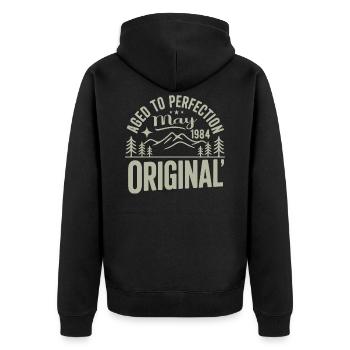 Mai 1984 – Legende der Gipfel und Berge - Unisex Premium Bio Zip Hoodie - Schwarz - Hinten - Nico (187cm)