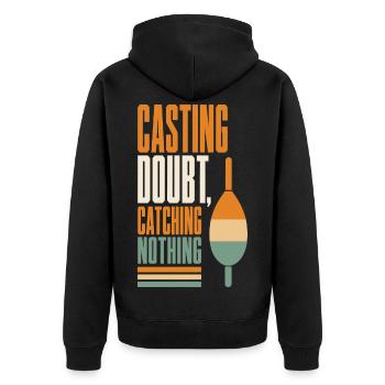 Angeln – Casting Doubt, Catching Nothing - Unisex Premium Bio Zip Hoodie - Schwarz - Hinten - Nico (187cm)