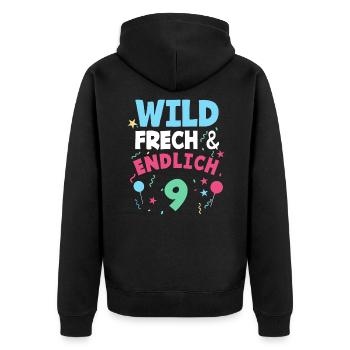 9. Geburtstag Wild, Frech & Endlich 9 Jahre - Unisex Premium Bio Zip Hoodie - Schwarz - Hinten - Nico (187cm)