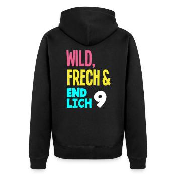 9. Geburtstag Wild, Frech & Endlich 9 Jahre - Unisex Premium Bio Zip Hoodie - Schwarz - Hinten - Nico (187cm)