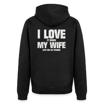 LUSTIGE LIEBE MEINE FRAU UND ANGELN SPRÜCHE - Unisex Premium Bio Zip Hoodie - Schwarz - Hinten - Nico (187cm)
